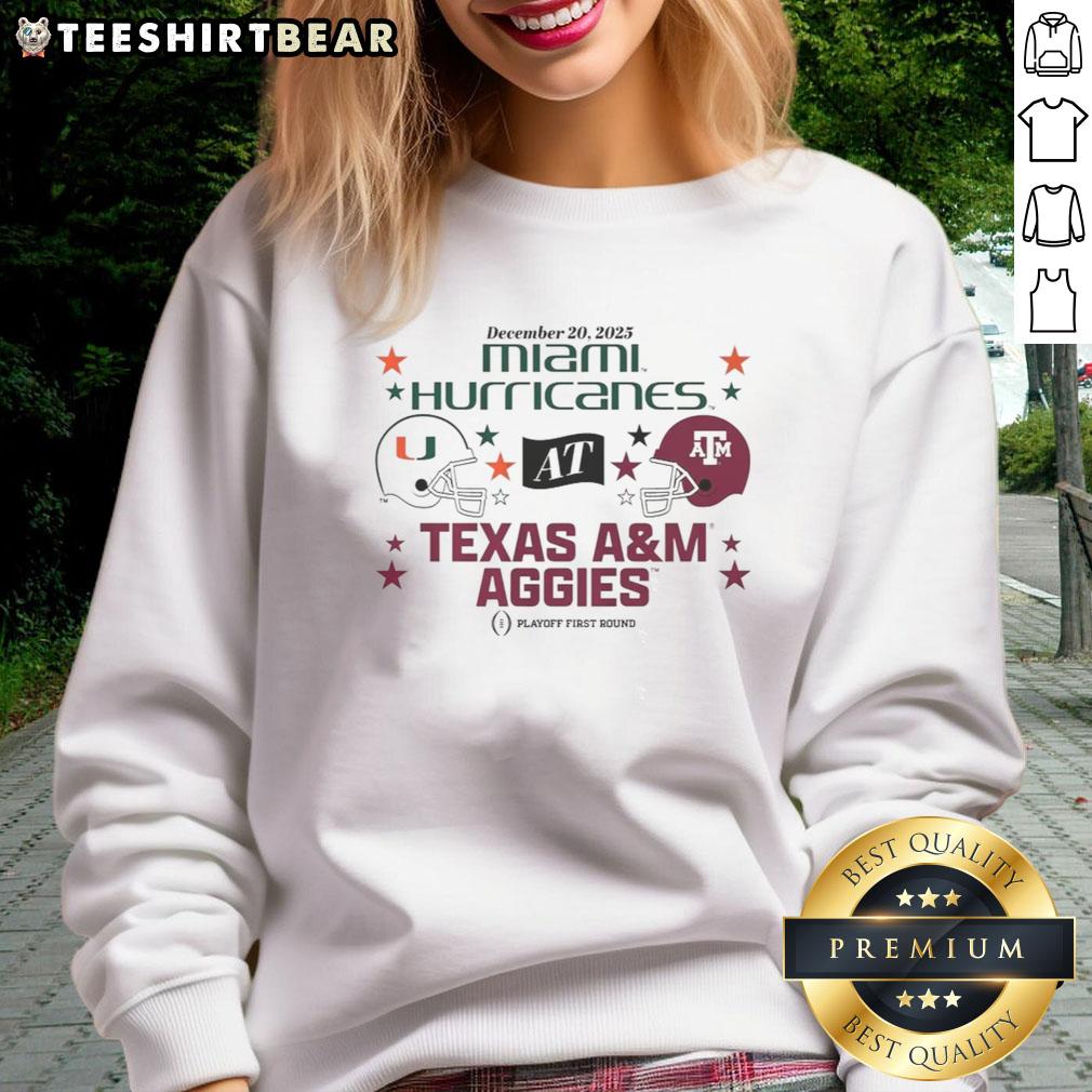 nice-texas-am-aggies-miami-hurricanes-2025-cfp-first-round-matchup-sweatshirt Alt Text: 2025 CFP First Round Matchup sweatshirt featuring Nice Texas A&M Aggies and Miami Hurricanes logos.