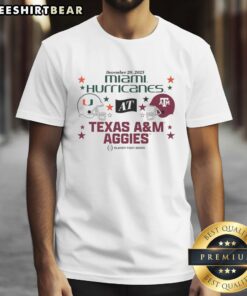 Texas A&M Aggies vs Miami Hurricanes 2025 CFP First Round Matchup T-Shirt showcasing team logos and vibrant colors.