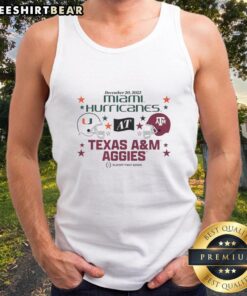 Alt Text: 2025 CFP First Round Matchup tank top featuring Texas A&M Aggies and Miami Hurricanes logos in vibrant colors.