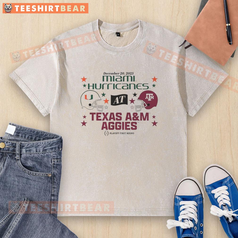 nice-texas-am-aggies-miami-hurricanes-2025-cfp-first-round-matchup-washed-t-shirt 2025 CFP first-round matchup shirt featuring Texas A&M Aggies and Miami Hurricanes design, perfect for fans.