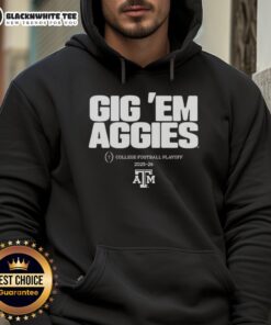 2025-2026 Texas A&M Aggies NCAA College Football Playoff hoodie featuring 'Gig 'Em Aggies' slogan in vibrant colors.