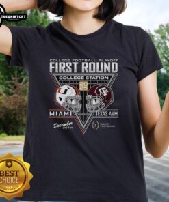 Texas A&M Aggies vs Miami Hurricanes 2025 first round match in College Station, featuring ladies' tee design.
