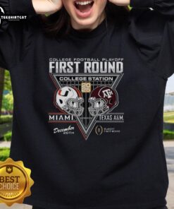 2025 College Station sweatshirt featuring Texas A&M Aggies vs Miami Hurricanes design for the first-round game.