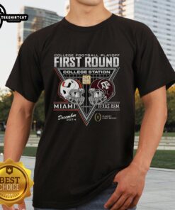 Texas A&M Aggies vs Miami Hurricanes 2025 first round t-shirt featuring vibrant team logos and game details.
