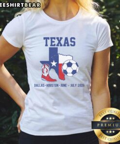 Alt Text: Ladies tee featuring Nice Texas soccer design for Dallas vs. Houston matches in June-July 2026.