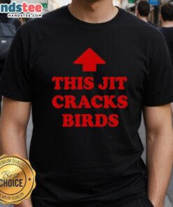 Alt Text: Cool red arrow T-shirt featuring 'Nice This Jit Cracks Birds' design, perfect for casual streetwear.