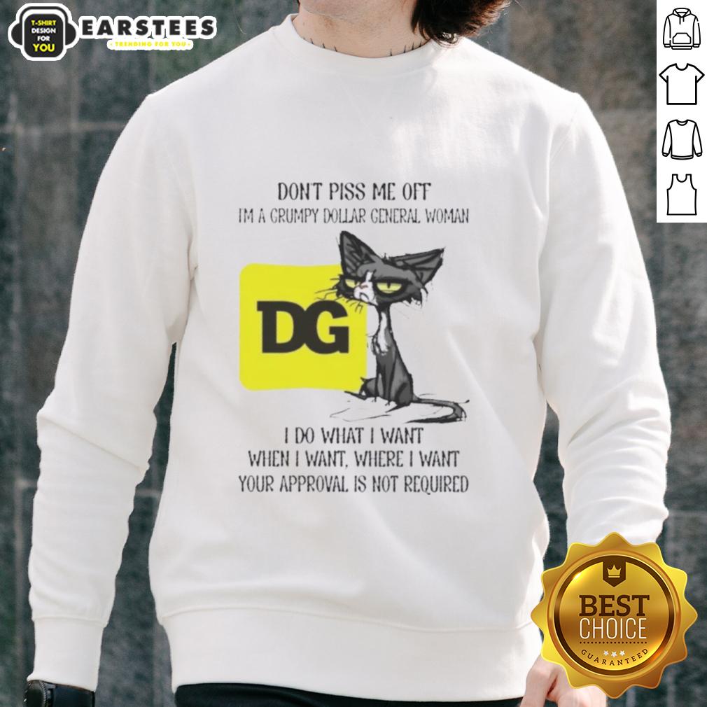 nice-tired-cat-dont-piss-me-off-im-a-grumpy-dollar-general-woman-i-do-what-i-want-when-i-want-sweatshirt Grumpy cat wearing a Dollar General Woman sweatshirt, showcasing a humorous attitude and tired expression.