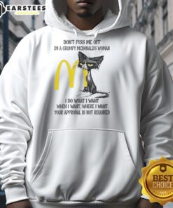 Grumpy McDonald's woman hoodie featuring a tired cat, perfect for cat lovers who embrace their sassy side.