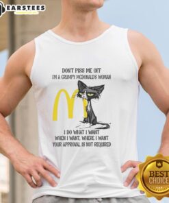 Grumpy McDonald's woman tank top featuring a tired cat design, perfect for cat lovers with a sassy attitude.