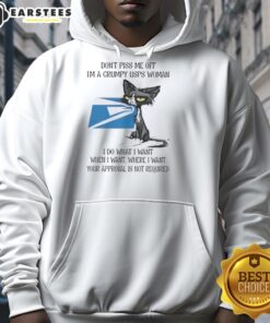 Grumpy USPS woman hoodie with a tired cat graphic, showcasing a humorous attitude and a playful design for cat lovers.