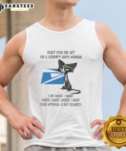 Grumpy USPS woman in a tank top with a tired cat, showcasing a humorous and rebellious attitude. Perfect for cat lovers!