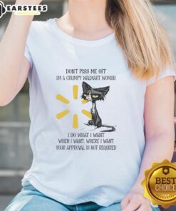 Grumpy Walmart woman wearing a Nice Tired Cat tee, showcasing her humorous attitude and defiance in style.