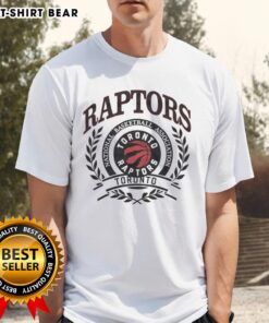 Toronto Raptors NBA logo in a laurel wreath frame on a retro t-shirt design, perfect for basketball fans.