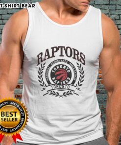 Alt Text: Retro tank top featuring the Toronto Raptors NBA logo framed by a laurel wreath, perfect for basketball fans.