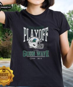 Alt Text: Stylish Tulane Green Wave NCAA 2025-2026 college football playoff curved helmet ladies tee shirt in vibrant colors.