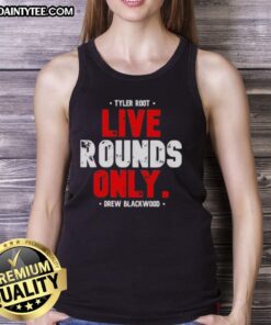 Drew Blackwood wearing a Nice Tyler Root Live Rounds Only tank top, showcasing a stylish and casual look.