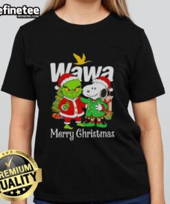 Alt Text: Nice Wawa x Grinch and Snoopy Merry Christmas ladies tee featuring festive graphics and a cheerful design.