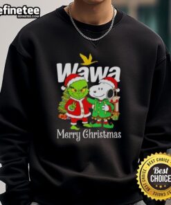 Alt Text: Cozy Nice Wawa X Grinch and Snoopy Merry Christmas sweatshirt featuring festive designs perfect for holiday cheer.