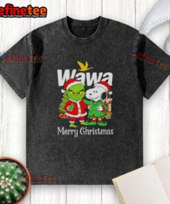 Nice Wawa X Grinch and Snoopy Merry Christmas washed t-shirt featuring festive graphics for holiday cheer.