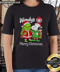 Nice Wendy's X Grinch and Snoopy Merry Christmas ladies tee featuring festive graphics and holiday cheer.