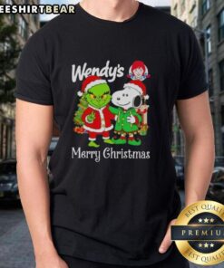 Alt Text: Nice Wendy's X Grinch and Snoopy Merry Christmas T-Shirt featuring festive designs for the holiday season.