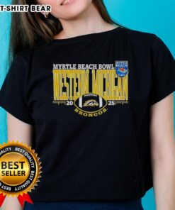 Alt Text: 2025 Myrtle Beach Bowl logo on a ladies tee featuring Western Michigan Broncos design in vibrant colors.