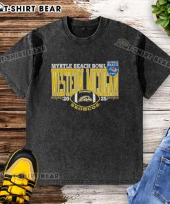 Alt Text: Nice Western Michigan Broncos 2025 Myrtle Beach Bowl logo on a washed t-shirt, perfect for fans and collectors.