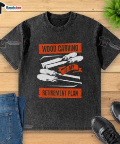 Alt Text: Washed t-shirt featuring a nice wood carving design, perfect for showcasing your retirement plan style.