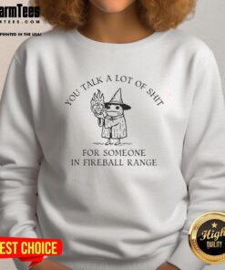 Funny 'Nice You Talk A Lot Of Shit For Someone In Fireball Range' sweatshirt design for humor lovers and gamers.