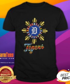 Official 2025 Detroit Tigers Baseball X Hispanic T-Shirt featuring vibrant team colors and unique design elements.