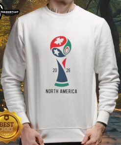 Alt Text: Official 2026 International Soccer Tournament North America sweatshirt featuring team logos and vibrant colors.