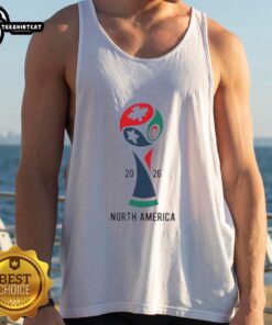 Official 2026 International Soccer Tournament North America tank top featuring vibrant design and team logos.