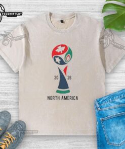 Official 2026 International Soccer Tournament North America washed t-shirt featuring vibrant graphics and comfortable fit.