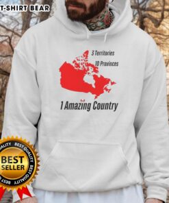 Alt Text: Cozy hoodie featuring a map of Canada, showcasing its 3 territories and 10 provinces, perfect for proud Canadians.