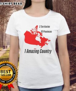 Alt Text: Canada map featuring 3 territories and 10 provinces on a ladies tee, celebrating the beauty of Canada.