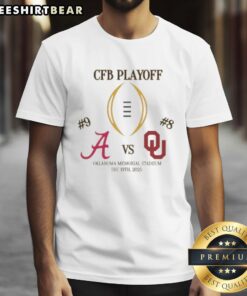 Official Alabama Crimson Tide vs Oklahoma Sooners 2025 College Football Playoff Matchup T-Shirt featuring team logos.