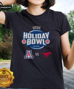 Official Arizona Wildcats vs SMU Mustangs 2026 Holiday Bowl matchup ladies tee featuring team logos and vibrant design.