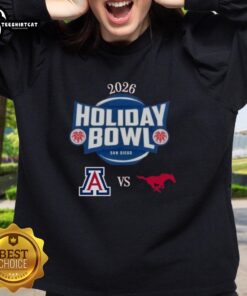 Official Arizona Wildcats vs SMU Mustangs 2026 Holiday Bowl matchup sweatshirt featuring team logos and festive design.