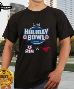 Official Arizona Wildcats vs SMU Mustangs 2026 Holiday Bowl matchup t-shirt featuring team logos and bold graphics.