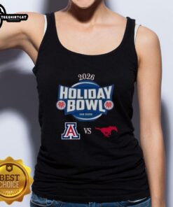 Official Arizona Wildcats vs SMU Mustangs 2026 Holiday Bowl matchup tank top featuring team logos and festive design.