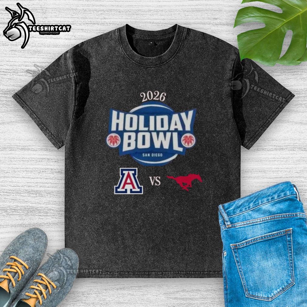 official-arizona-wildcats-vs-smu-mustangs-2026-holiday-bowl-matchup-washed-t-shirt Official Arizona Wildcats vs SMU Mustangs 2026 Holiday Bowl matchup washed t-shirt featuring team logos and vibrant colors.