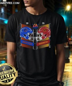 Alt Text: Official Boise State Broncos vs Washington Huskies 2025 Bucked Up La Bowl head-to-head helmet T-shirt design.