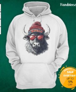 Official Buffalo Bills mascot wearing a beanie and sunglasses, showcasing team spirit in a cozy hoodie.