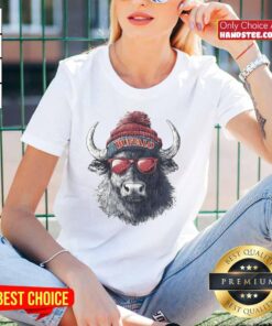 Official Buffalo Bills mascot in a beanie and sunglasses, showcasing team spirit on a ladies' tee.