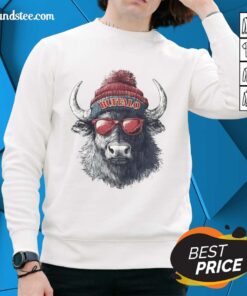 Alt Text: Official Buffalo Bills mascot sporting a beanie, sunglasses, and a sweatshirt, showcasing team spirit and style.