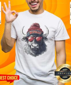 Buffalo Bills mascot in a beanie and sunglasses t-shirt, showcasing team spirit and style at a game day event.