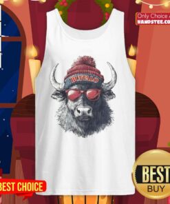 Alt Text: Official Buffalo Bills mascot wearing a beanie and sunglasses, sporting a tank top, ready for game day excitement.