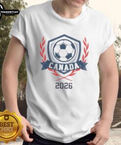 Official Canada 2026 Vintage Soccer Crest T-Shirt featuring a retro design and national colors for soccer fans.