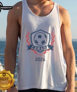 Official Canada 2026 vintage soccer crest tank top featuring bold graphics and a stylish design for soccer fans.