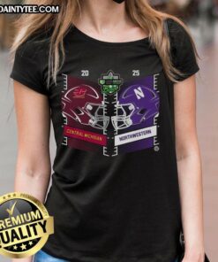 Official Central Michigan Chippewas vs Northwestern Wildcats ladies tee featuring team logos and vibrant colors.